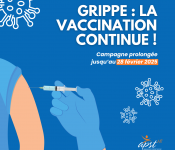<img src="campagne-vaccination-grippe-2025.jpg" alt="Grippe : La vaccination continue ! Campagne prolongée jusqu’au 28 février 2025 par l’APST18 pour prévenir les formes graves.">
